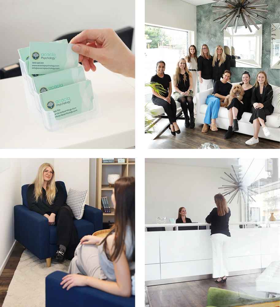 Four tiled images of Acacia Psychology practice and team